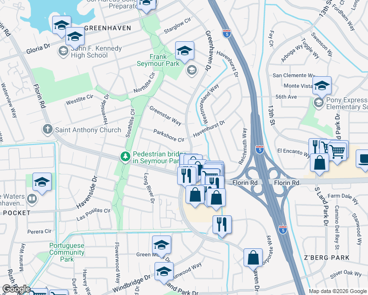 map of restaurants, bars, coffee shops, grocery stores, and more near 975 Park Ranch Way in Sacramento