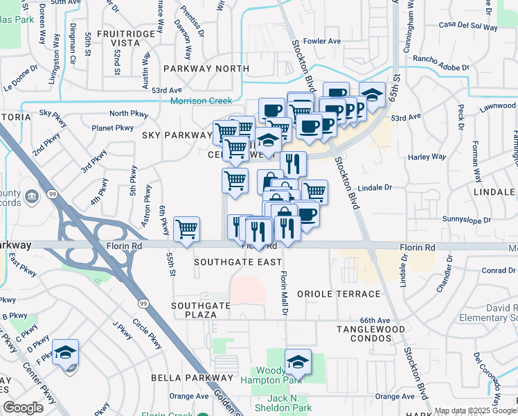 map of restaurants, bars, coffee shops, grocery stores, and more near 6081 Florin Road in Sacramento