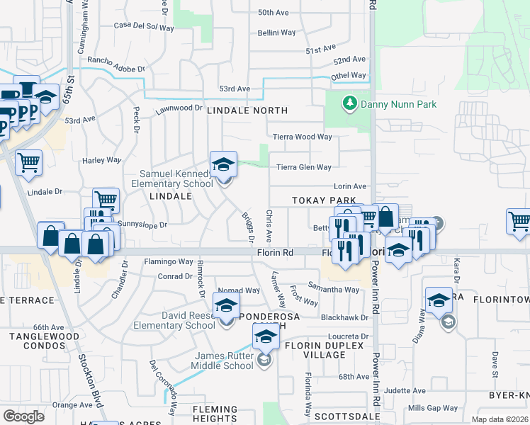 map of restaurants, bars, coffee shops, grocery stores, and more near 7141 Briggs Drive in Sacramento