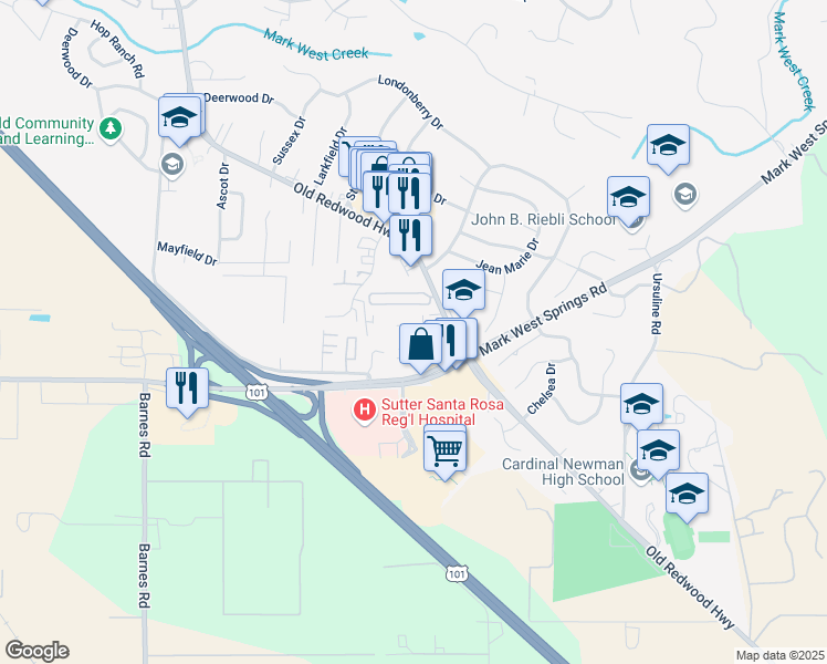 map of restaurants, bars, coffee shops, grocery stores, and more near 4042 Alexander David Court in Larkfield-Wikiup