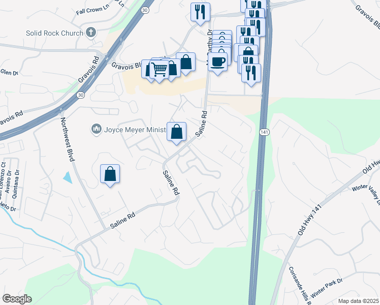 map of restaurants, bars, coffee shops, grocery stores, and more near 617 Stone Bluff Court in Fenton