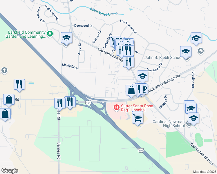 map of restaurants, bars, coffee shops, grocery stores, and more near 317 White Pine Court in Santa Rosa