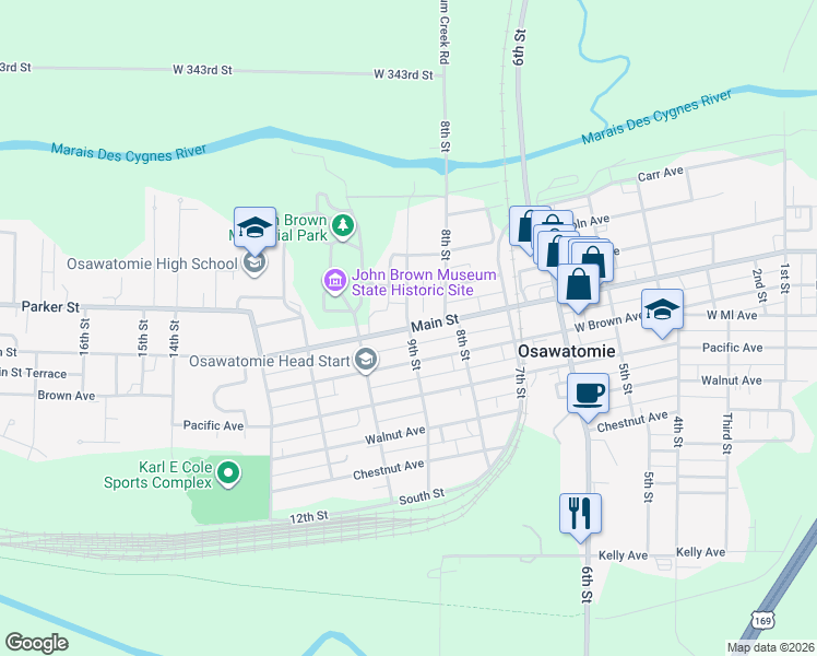 map of restaurants, bars, coffee shops, grocery stores, and more near 9th Street in Osawatomie