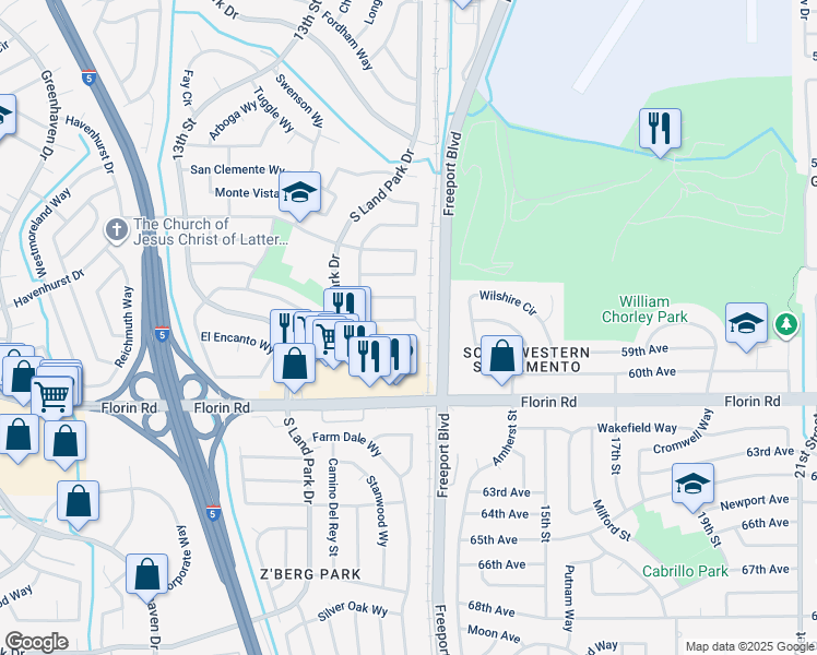 map of restaurants, bars, coffee shops, grocery stores, and more near 1346 Palomar Circle in Sacramento