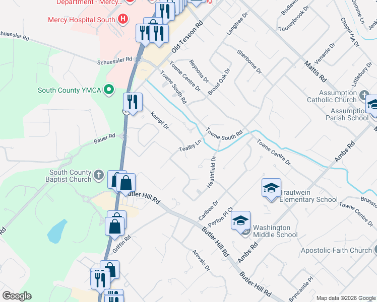 map of restaurants, bars, coffee shops, grocery stores, and more near 5005 Kempf Drive in St. Louis