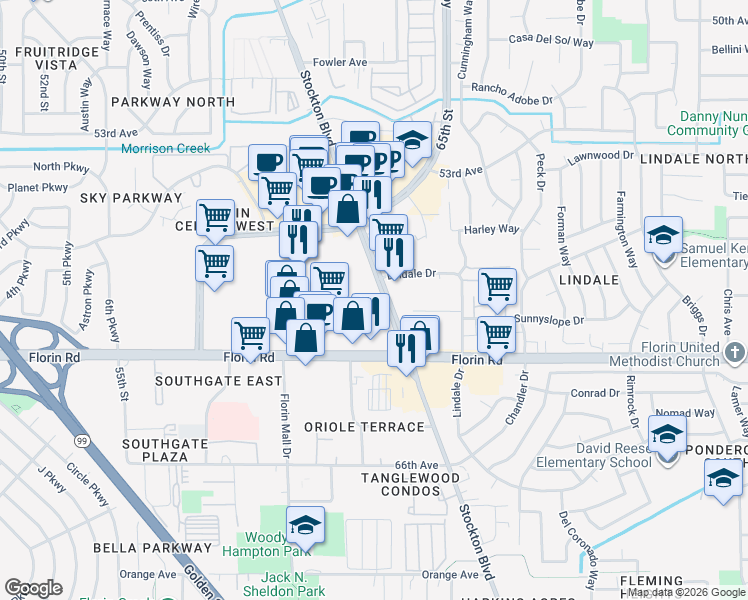 map of restaurants, bars, coffee shops, grocery stores, and more near 6071 Florin Road in Sacramento