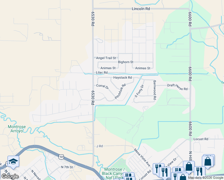 map of restaurants, bars, coffee shops, grocery stores, and more near 1309 Corral Drive in Montrose