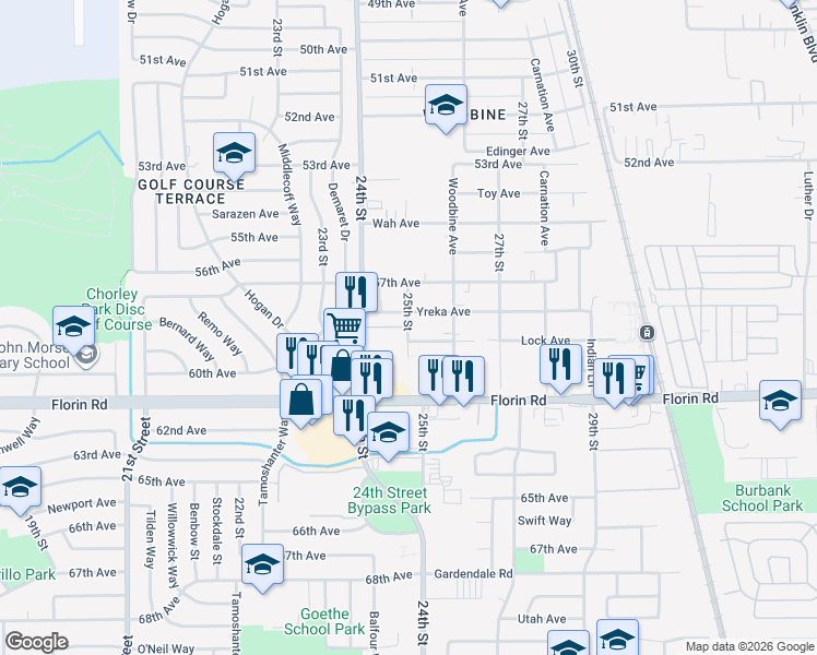 map of restaurants, bars, coffee shops, grocery stores, and more near 7045 25th Street in Sacramento
