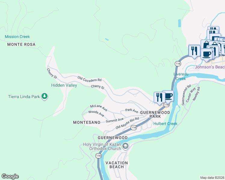 map of restaurants, bars, coffee shops, grocery stores, and more near 14491 Old Cazadero Road in Guerneville