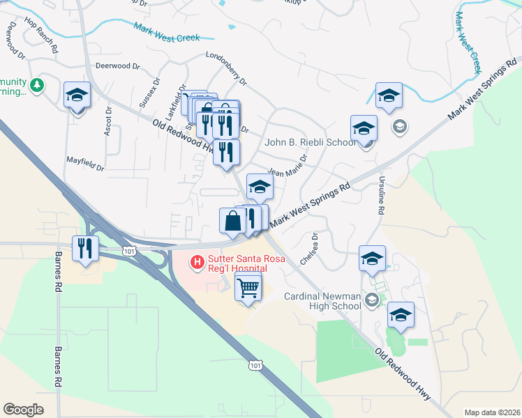 map of restaurants, bars, coffee shops, grocery stores, and more near 495 Newport Place in Santa Rosa