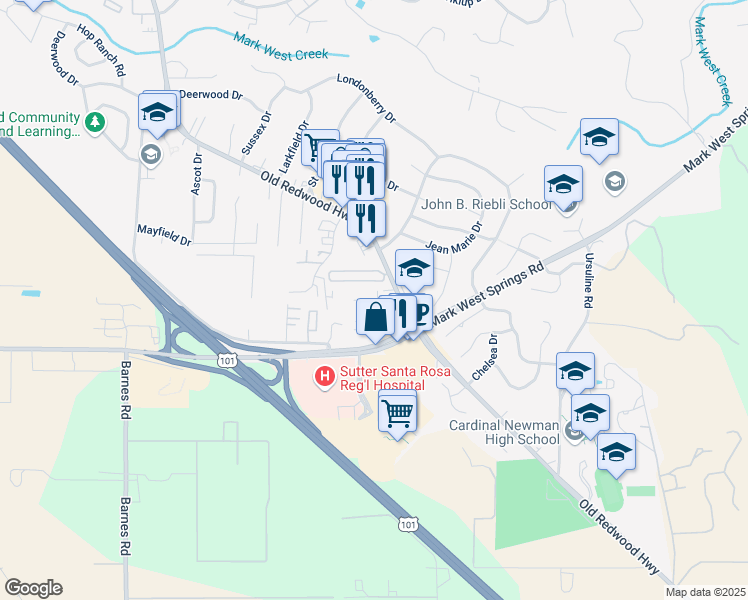 map of restaurants, bars, coffee shops, grocery stores, and more near 4042 Alexander David Court in Larkfield-Wikiup