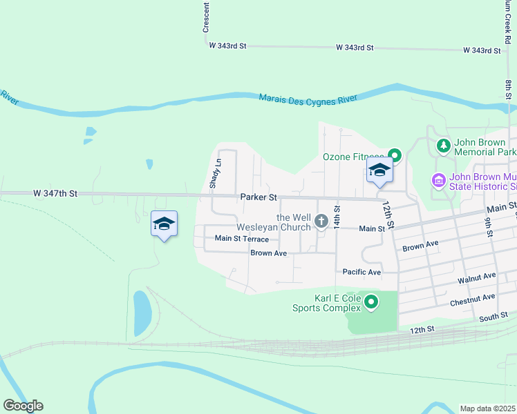 map of restaurants, bars, coffee shops, grocery stores, and more near 1632 Main Street in Osawatomie