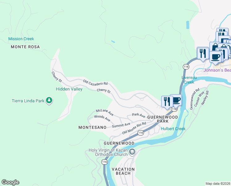 map of restaurants, bars, coffee shops, grocery stores, and more near 14530 Old Cazadero Road in Guerneville