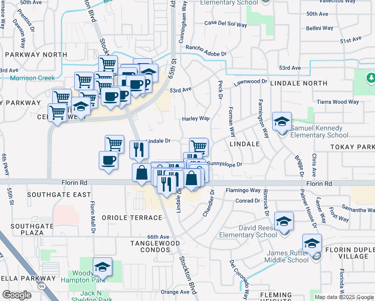 map of restaurants, bars, coffee shops, grocery stores, and more near 6601 Sunnyslope Drive in Sacramento
