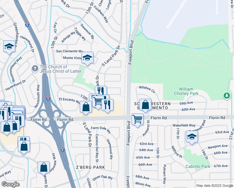 map of restaurants, bars, coffee shops, grocery stores, and more near 1346 Palomar Circle in Sacramento