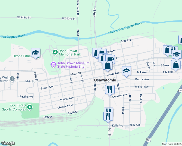 map of restaurants, bars, coffee shops, grocery stores, and more near 701 Brown Avenue in Osawatomie
