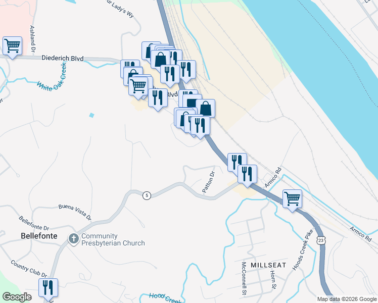 map of restaurants, bars, coffee shops, grocery stores, and more near 299 Patton Dr in Westwood
