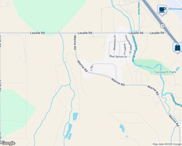map of restaurants, bars, coffee shops, grocery stores, and more near 13301 L Road in Montrose