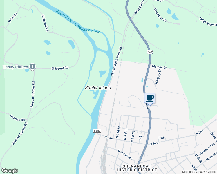 map of restaurants, bars, coffee shops, grocery stores, and more near Shenandoah River Road in Shenandoah