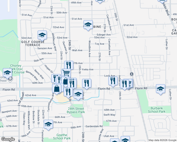map of restaurants, bars, coffee shops, grocery stores, and more near 7021 Woodbine Avenue in Sacramento