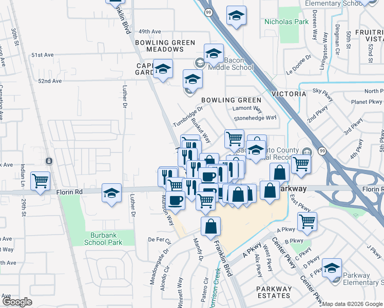map of restaurants, bars, coffee shops, grocery stores, and more near 4015 Green Tree Drive in Sacramento