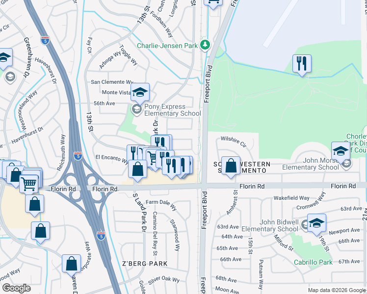 map of restaurants, bars, coffee shops, grocery stores, and more near 1382 Palomar Circle in Sacramento