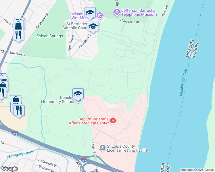 map of restaurants, bars, coffee shops, grocery stores, and more near Longstreet Drive in St. Louis