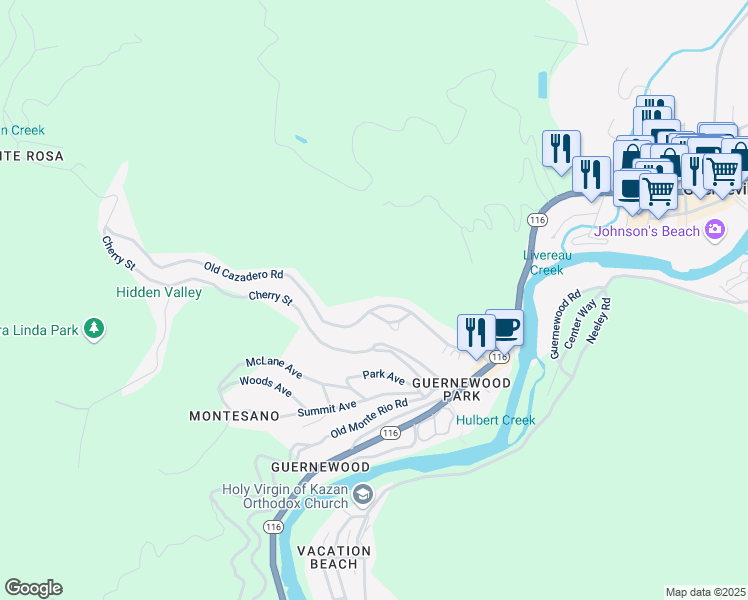 map of restaurants, bars, coffee shops, grocery stores, and more near 14331 Old Cazadero Road in Guerneville