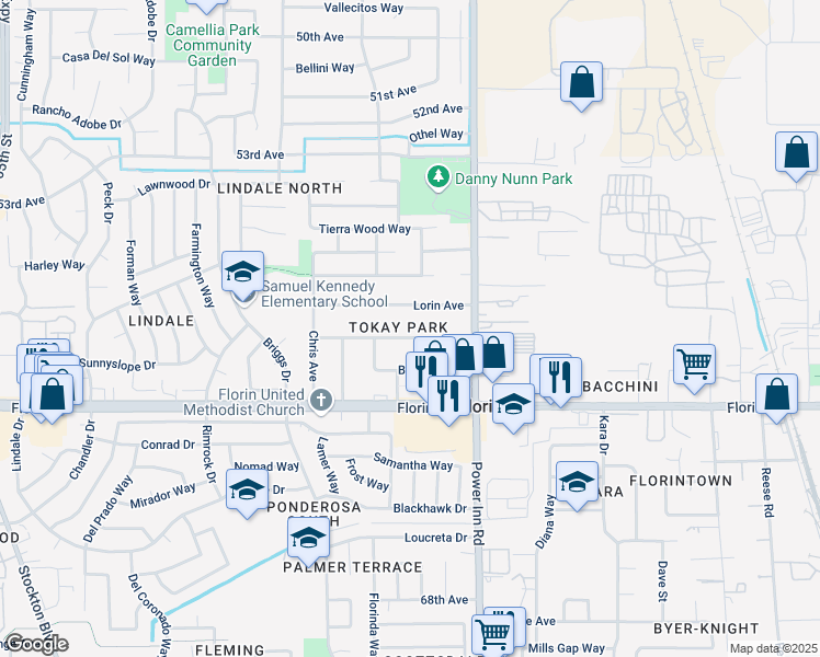 map of restaurants, bars, coffee shops, grocery stores, and more near 7920 Lorin Avenue in Sacramento