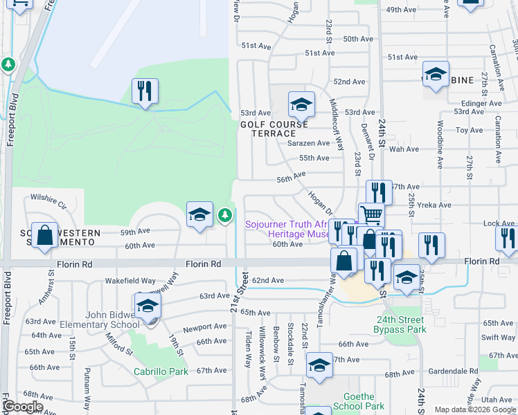map of restaurants, bars, coffee shops, grocery stores, and more near 2105 57th Avenue in Sacramento