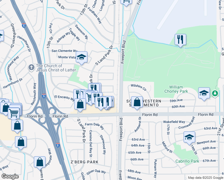 map of restaurants, bars, coffee shops, grocery stores, and more near 1382 Palomar Circle in Sacramento