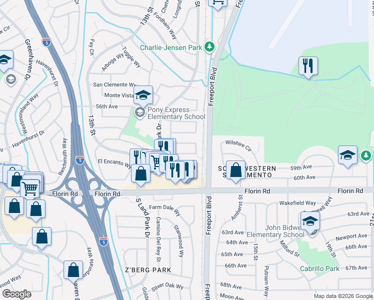 map of restaurants, bars, coffee shops, grocery stores, and more near 1382 Palomar Circle in Sacramento