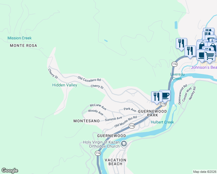 map of restaurants, bars, coffee shops, grocery stores, and more near 14555 Old Cazadero Road in Guerneville