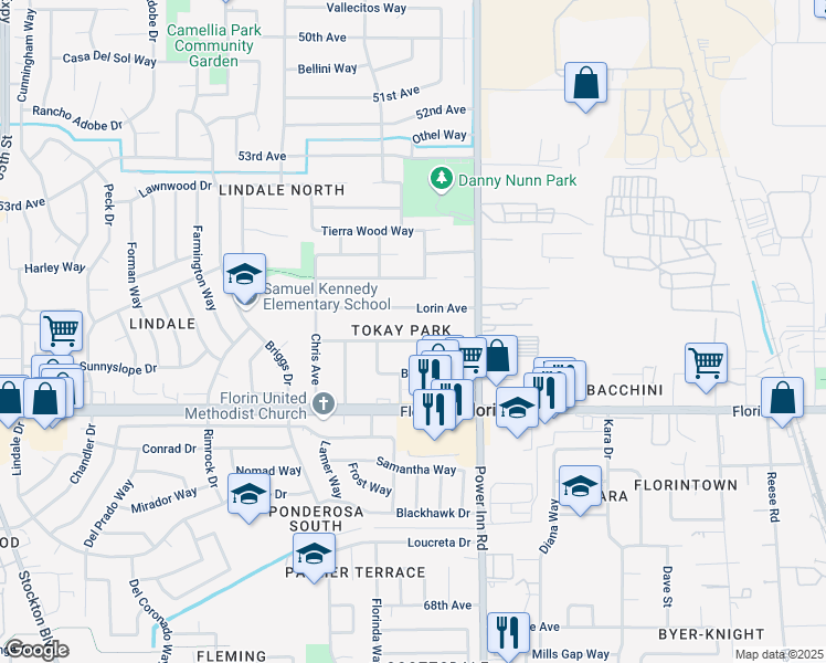 map of restaurants, bars, coffee shops, grocery stores, and more near 7920 Lorin Avenue in Sacramento