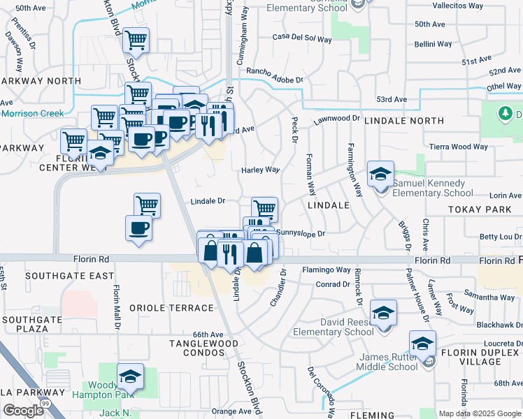 map of restaurants, bars, coffee shops, grocery stores, and more near 6601 Sunnyslope Drive in Sacramento