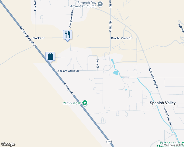 map of restaurants, bars, coffee shops, grocery stores, and more near 4640 Sunny Acres Lane in Moab