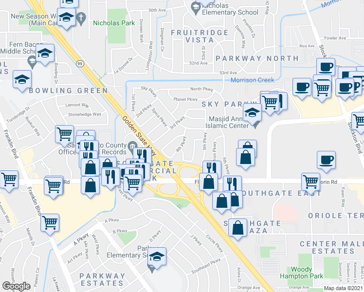 map of restaurants, bars, coffee shops, grocery stores, and more near 7039 4th Parkway in Sacramento
