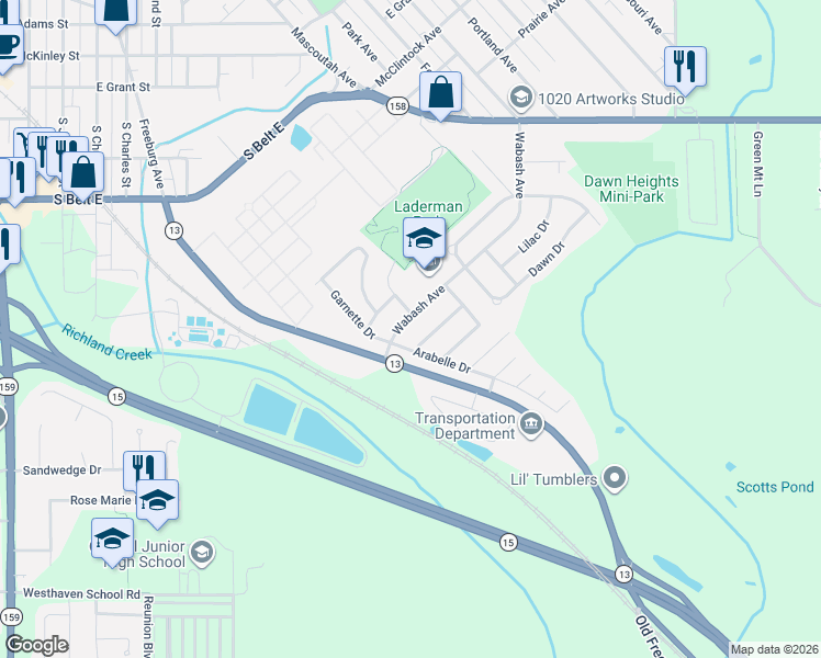 map of restaurants, bars, coffee shops, grocery stores, and more near 1436 Wabash Avenue in Belleville