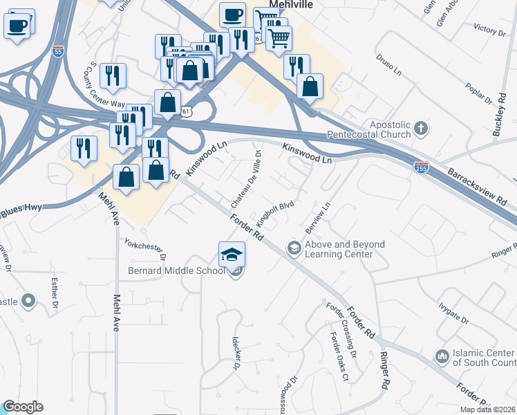 map of restaurants, bars, coffee shops, grocery stores, and more near 1045 Mersey Bend Drive in St. Louis