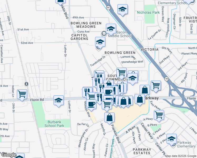 map of restaurants, bars, coffee shops, grocery stores, and more near 4011 Green Tree Drive in Sacramento