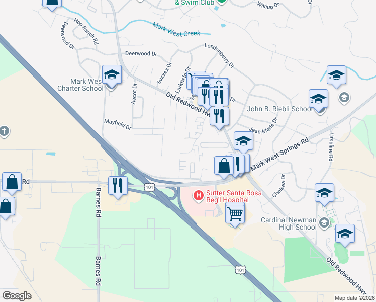 map of restaurants, bars, coffee shops, grocery stores, and more near 123 Lark Center Drive in Larkfield-Wikiup