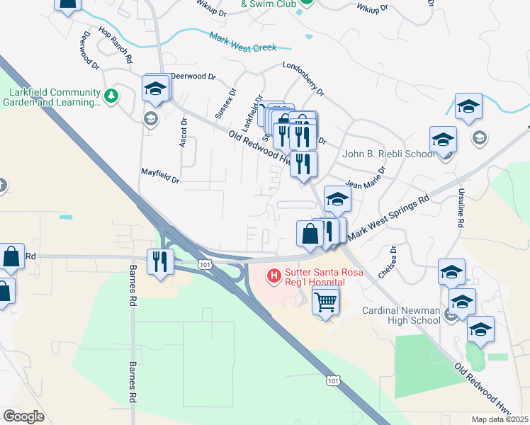 map of restaurants, bars, coffee shops, grocery stores, and more near 104 Lark Center Drive in Larkfield-Wikiup