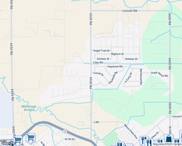 map of restaurants, bars, coffee shops, grocery stores, and more near 1000 6530 Road in Montrose
