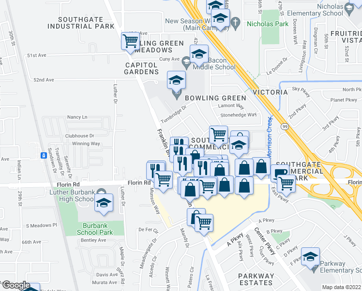map of restaurants, bars, coffee shops, grocery stores, and more near 4027 Green Tree Drive in Sacramento