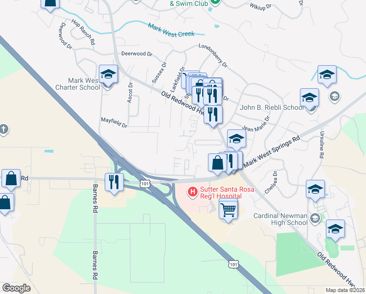 map of restaurants, bars, coffee shops, grocery stores, and more near 121 Lark Center Drive in Santa Rosa