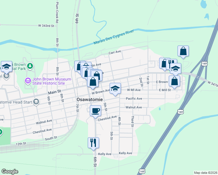 map of restaurants, bars, coffee shops, grocery stores, and more near 401 Main Street in Osawatomie