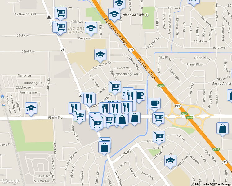 map of restaurants, bars, coffee shops, grocery stores, and more near 7026 Bowling Drive in Sacramento