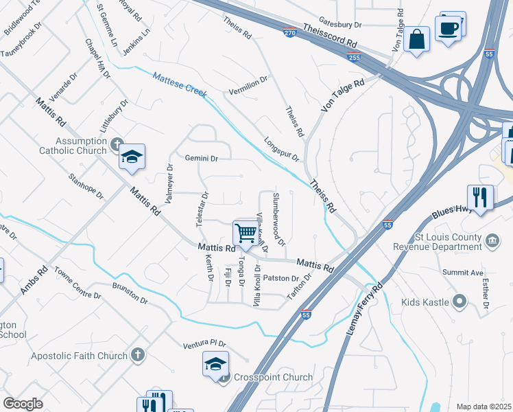 map of restaurants, bars, coffee shops, grocery stores, and more near 4619 Villa Knoll Drive in St. Louis