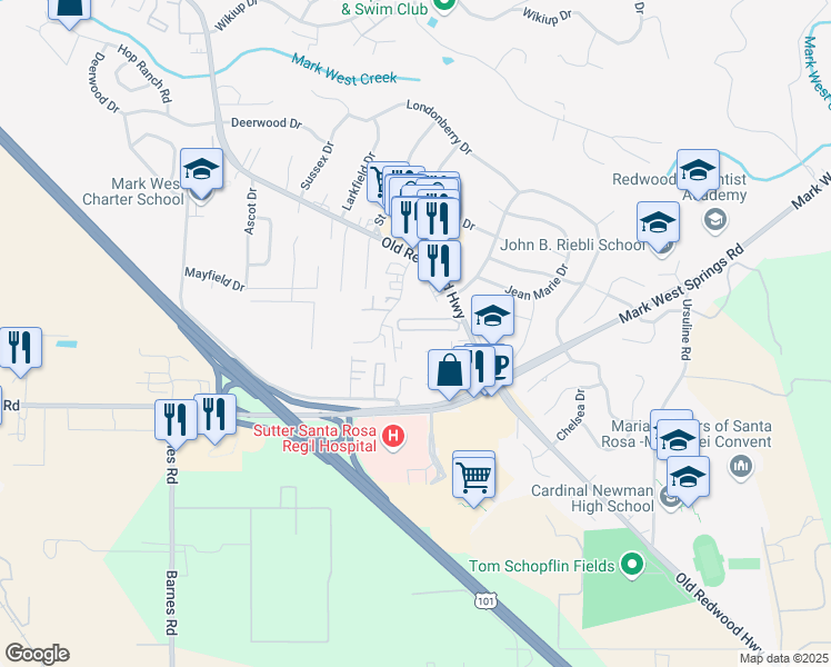 map of restaurants, bars, coffee shops, grocery stores, and more near 54 Larkfield Maples Court in Santa Rosa