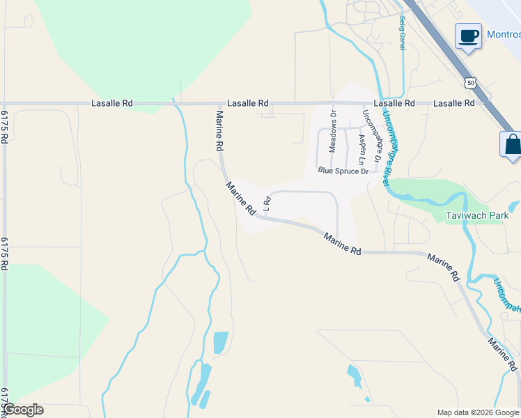 map of restaurants, bars, coffee shops, grocery stores, and more near 13342 L Road in Montrose